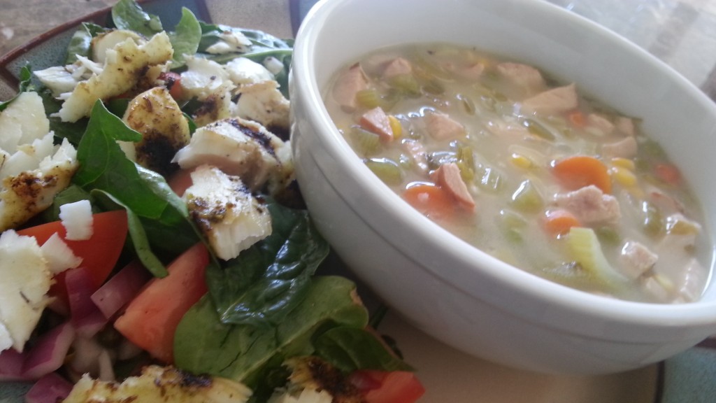 turkey soup and grilled fish salad