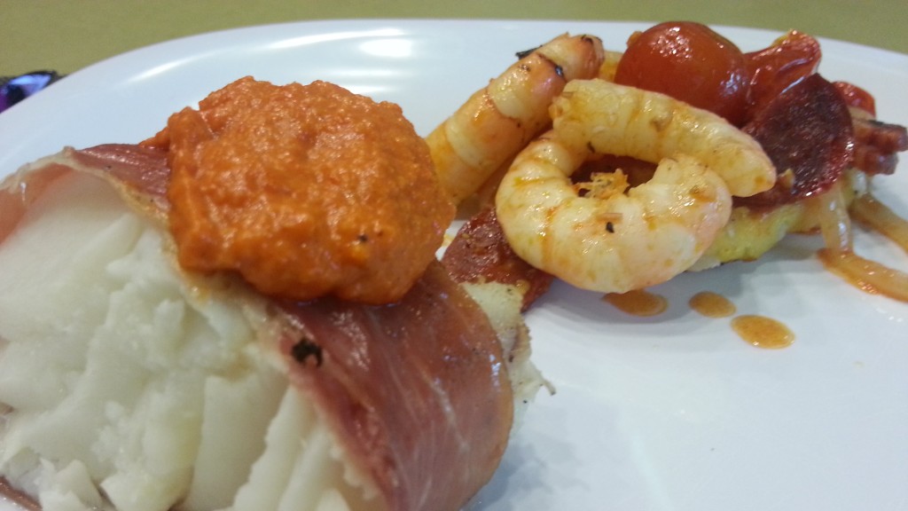 shrimp- chorizo with prosciutto white fish romesco sauce